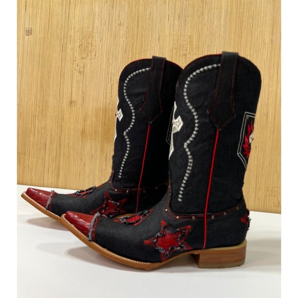 Arles Wester Collection - Men\'s Denim and Imitation Lizard Skink Boots Red/Blue main image 2